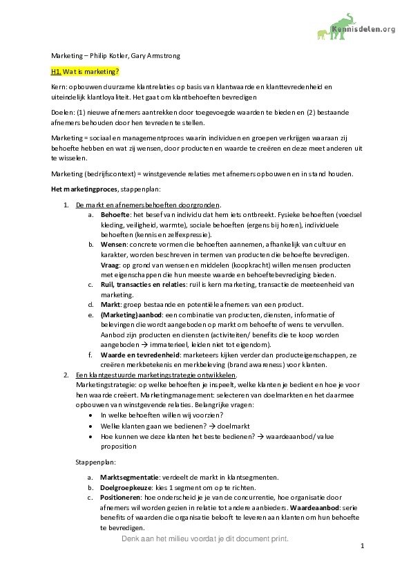 Samenvatting Marketing de essentie (13e editie)