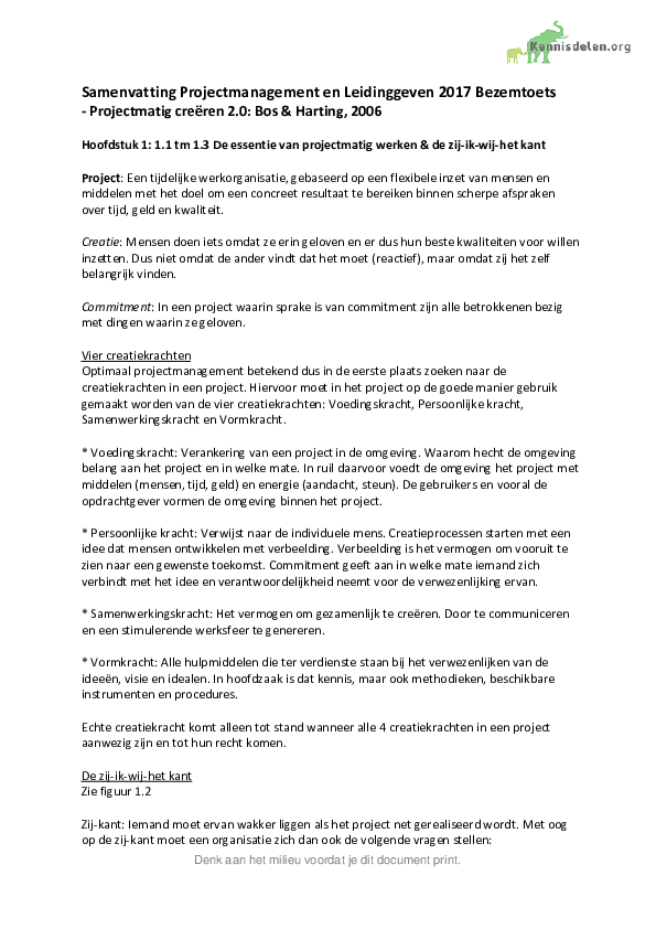Samenvatting Projectmanagement: Projectmatig creëren 2.0