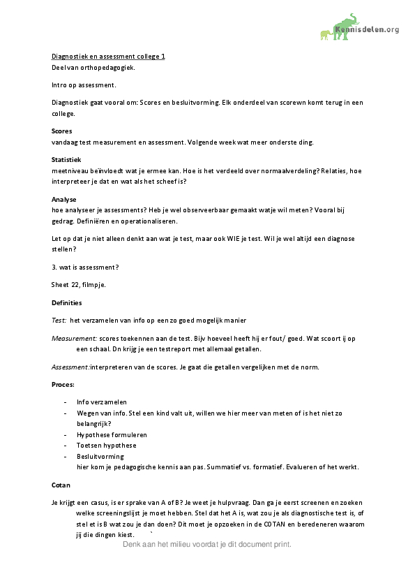 College aantekeningen Diagnostiek en Assessment
