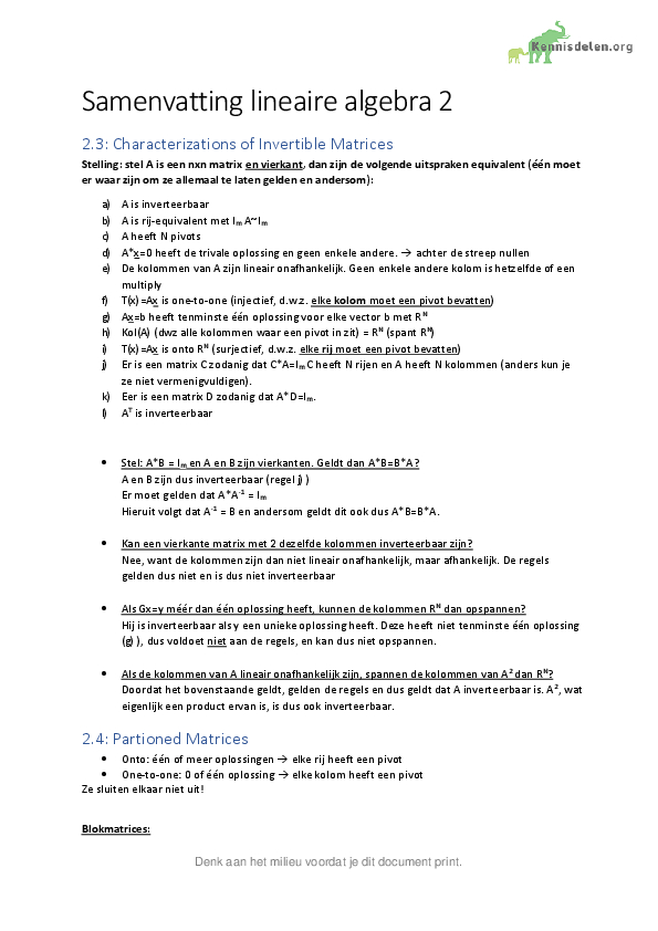 Samenvatting Lineaire algebra 2 2017/2018