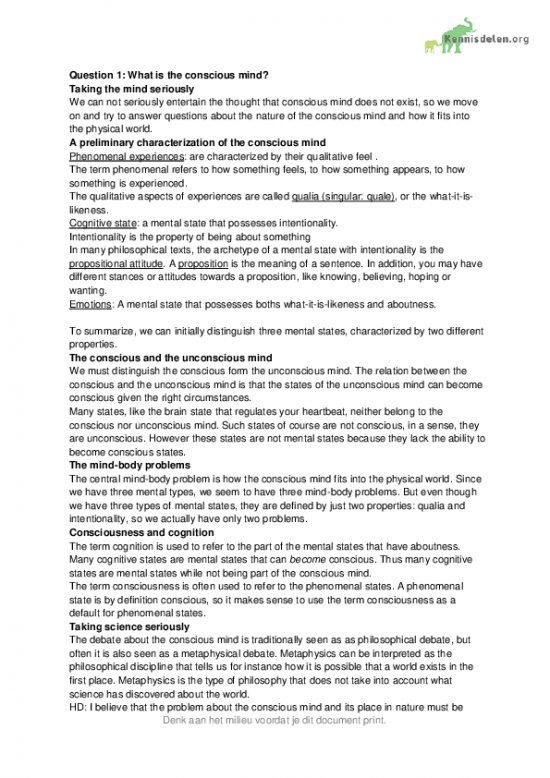 Full Summary 8 Questions about the conscious mind