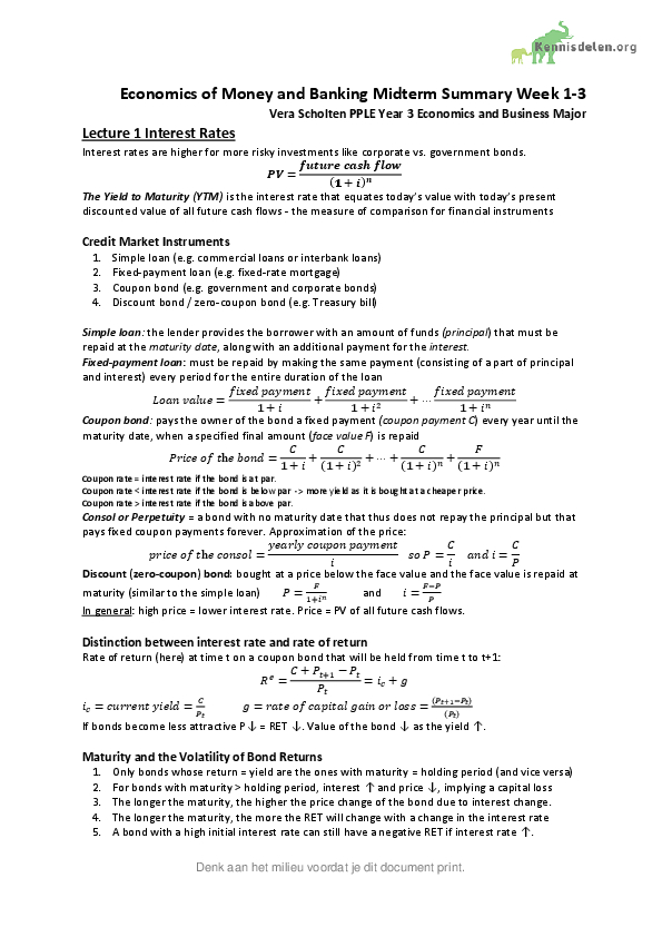 PPLE Money and Banking Midterm Summary KennisDelen