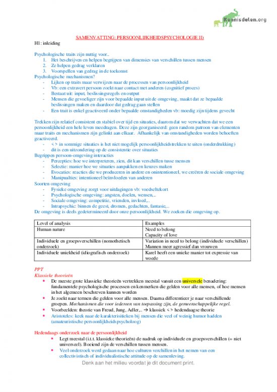 Samenvatting persoonlijkheidspsychologie