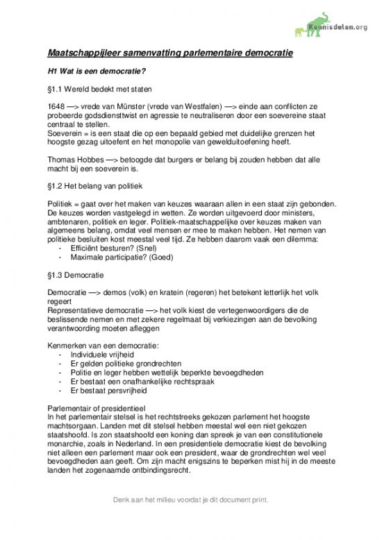 Maatschappijleer samenvatting parlementaire samenleving H1/H4/H5/H6