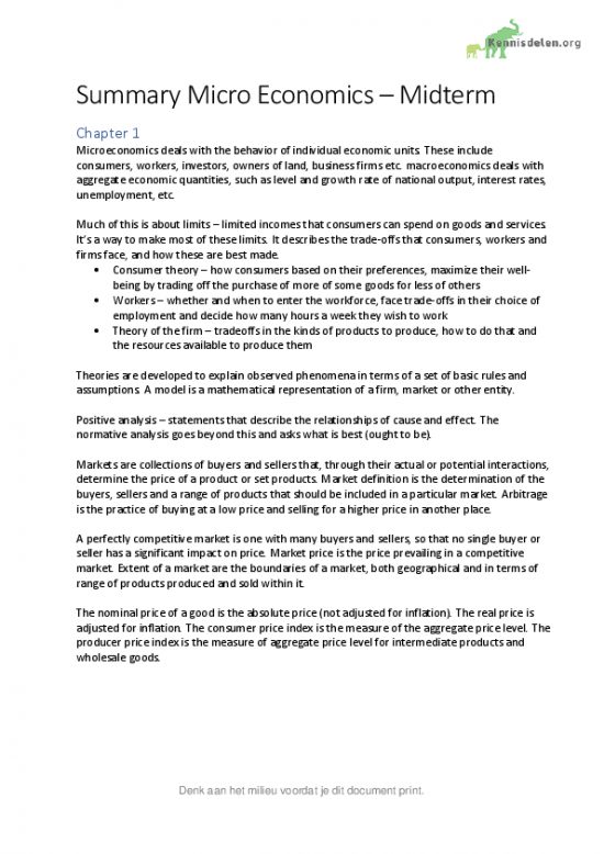 Summary Micro Economics midterm for Premaster Economics at Utrecht University