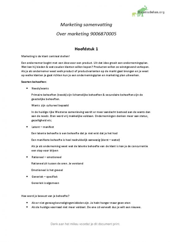 Samenvatting Over Marketing – Hoofdstuk 1